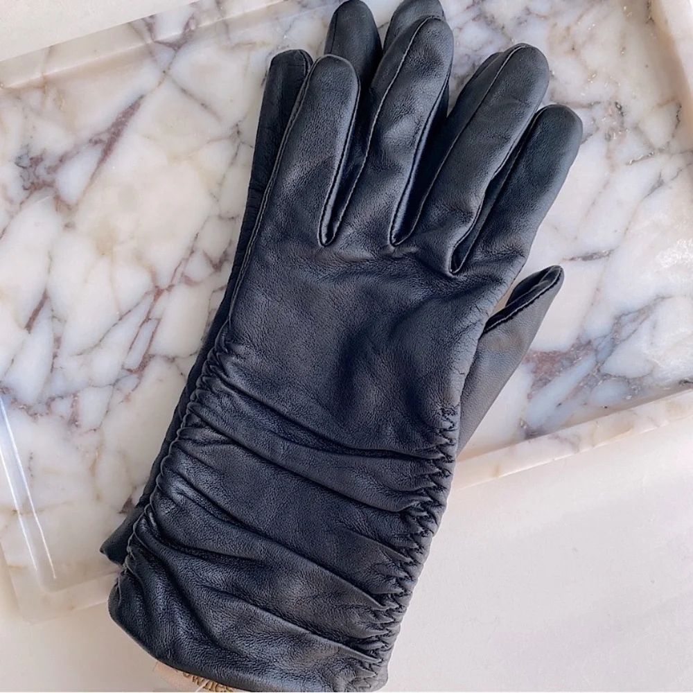 FOWNES ELEGANT GENUINE LEATHER RUCHED FLEECE LINED GLOVES DAINTY Black L